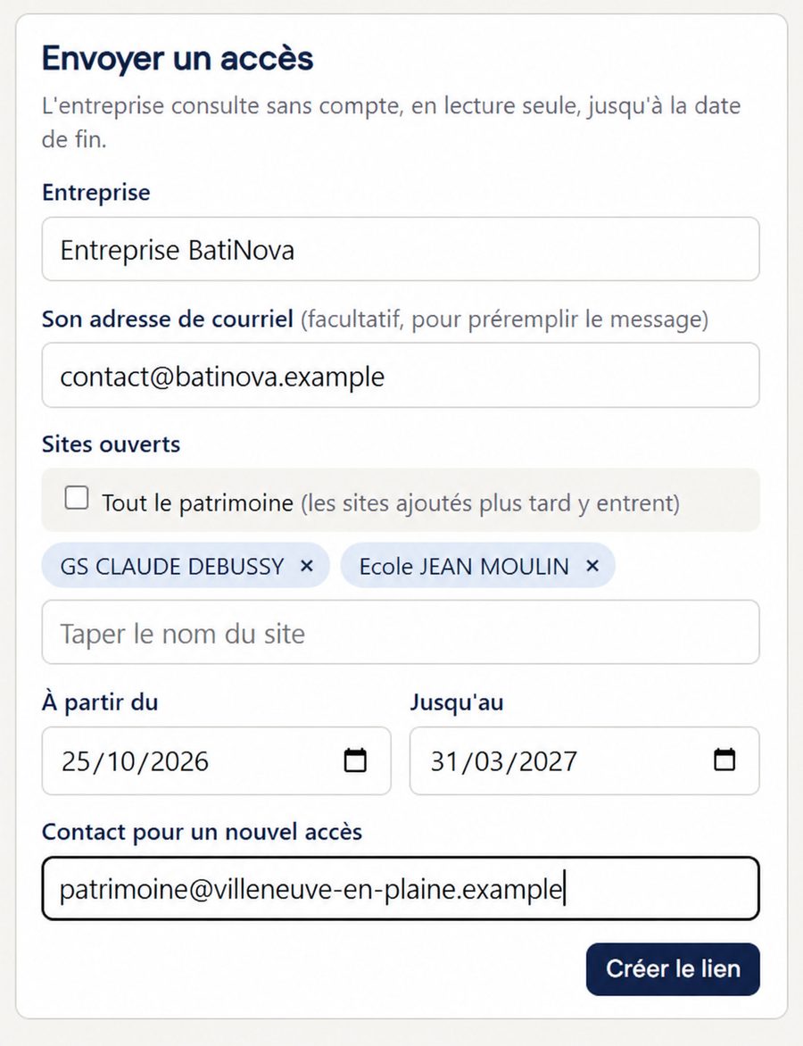 Le formulaire d’envoi d’un accès à une entreprise : son nom, son adresse de courriel, les sites ouverts, les dates de début et de fin, et le contact pour un nouvel accès.