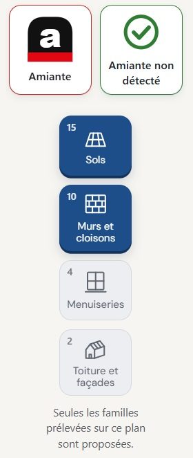 Les filtres du plan : amiante, amiante non détecté, puis les familles de matériaux prélevées, sols, murs et cloisons, menuiseries, toiture et façades.