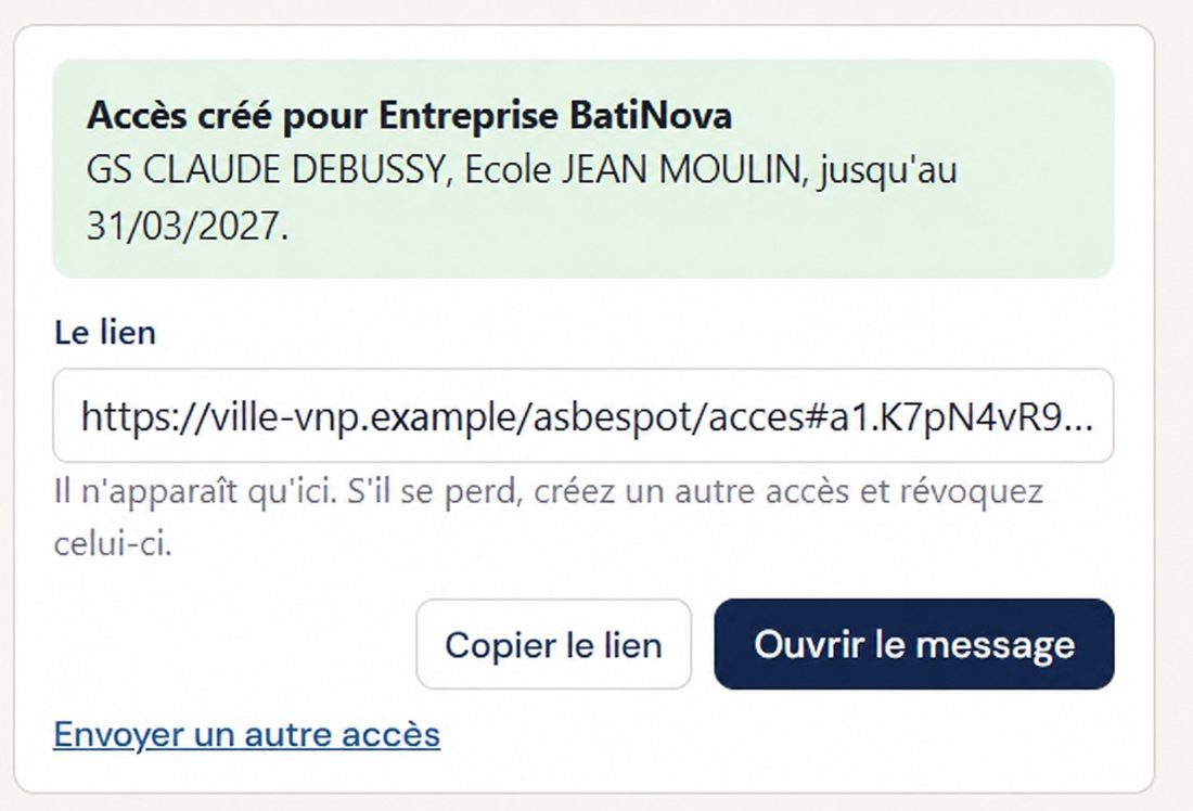 Le lien créé pour une entreprise, avec ses sites et sa date de fin, à copier ou à envoyer par message.