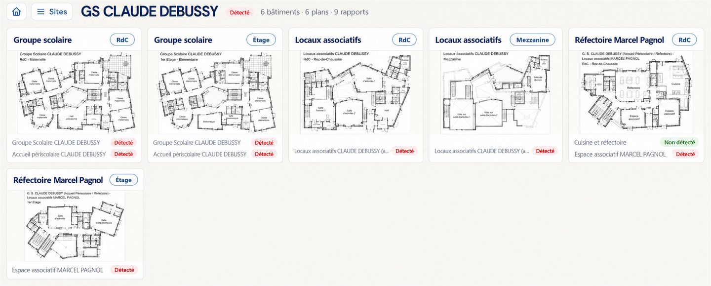 Les plans d’un groupe scolaire dans AsbeSpot, en vignettes, par bâtiment et par niveau, chacune avec l’état amiante de son niveau.