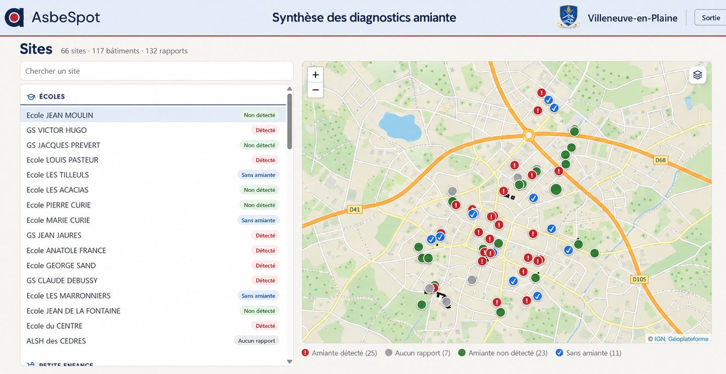 La carte et la liste des sites dans AsbeSpot : à gauche, les écoles avec leur état amiante&nbsp;; à droite, la carte de la ville, où chaque site porte un repère coloré selon son état.