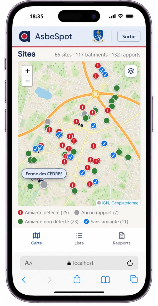 AsbeSpot sur un téléphone : la carte des sites, chacun avec son état amiante.