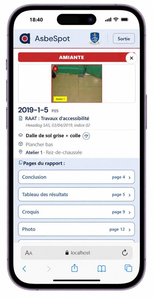 AsbeSpot sur un téléphone : la fiche d’un prélèvement et les pages du rapport à ouvrir.