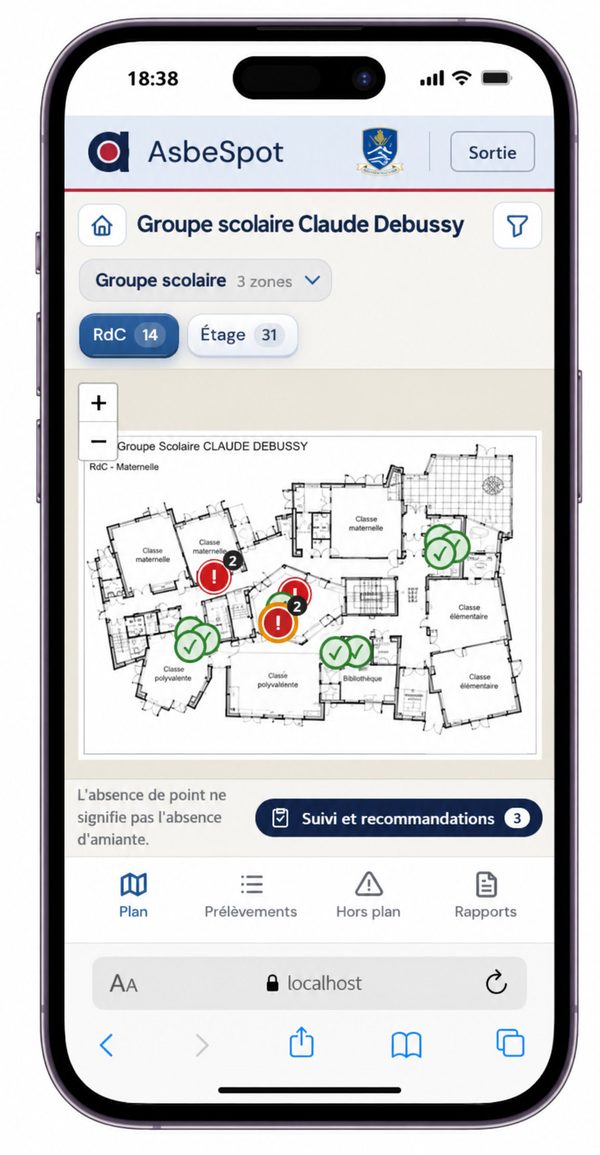 AsbeSpot sur un téléphone : le plan d’un étage et ses prélèvements.