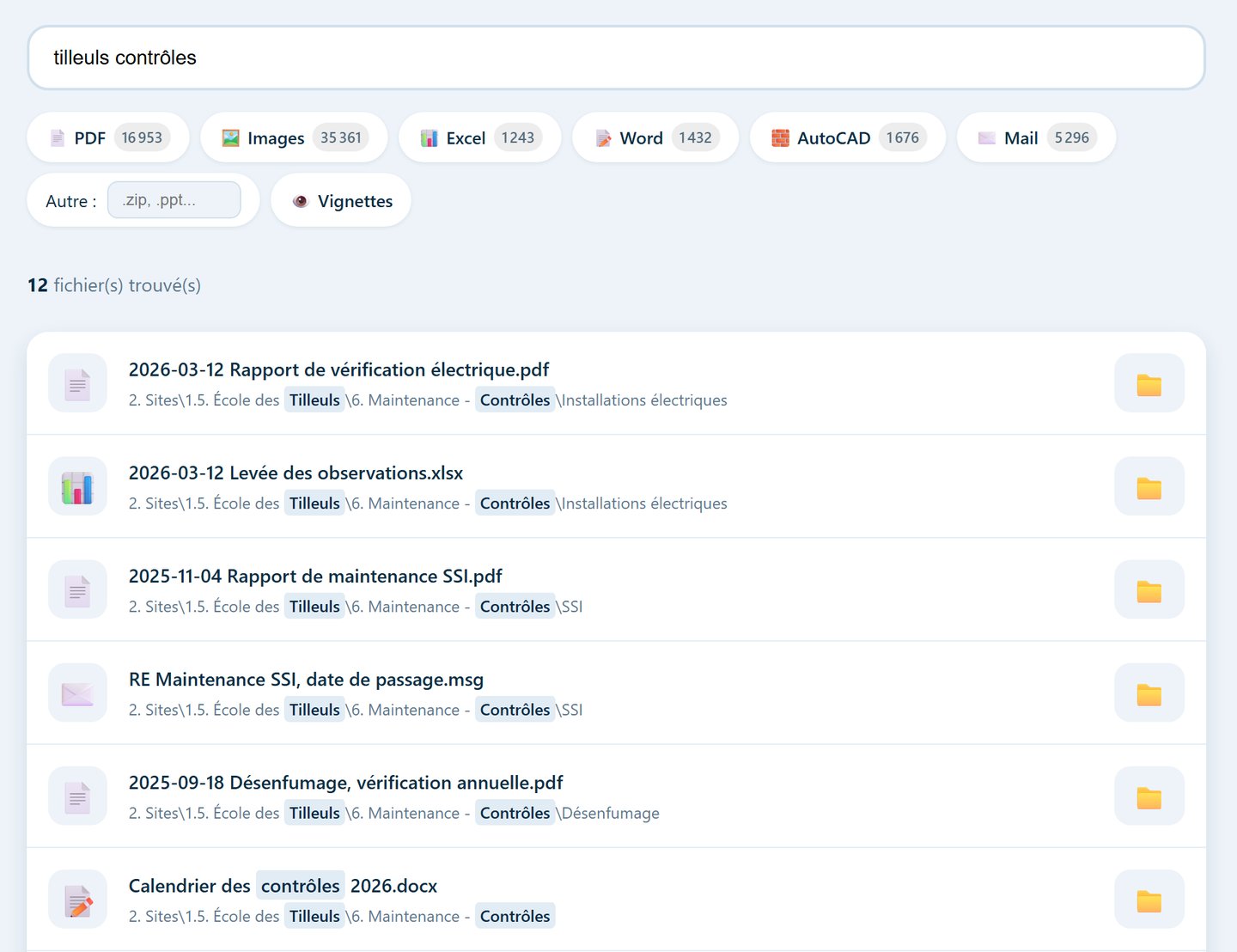 La recherche de fichiers d’Atrium : « tilleuls contrôles » saisi dans le champ, des filtres par type de fichier (PDF, images, Excel, Word, AutoCAD, courriels), et douze fichiers trouvés, chacun avec son chemin, les mots cherchés surlignés et un bouton pour ouvrir son dossier.