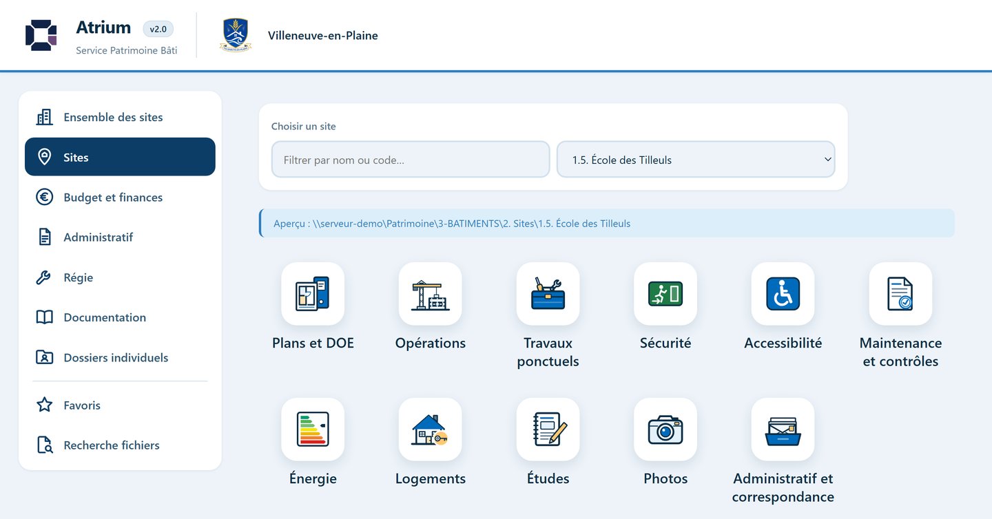 L’écran Sites d’Atrium : à gauche, les rubriques du portail&nbsp;; à droite, une école choisie dans la liste des sites, le chemin de son dossier sur le serveur, et onze tuiles, une par thème : plans et DOE, opérations, travaux ponctuels, sécurité, accessibilité, maintenance et contrôles, énergie, logements, études, photos, administratif et correspondance.