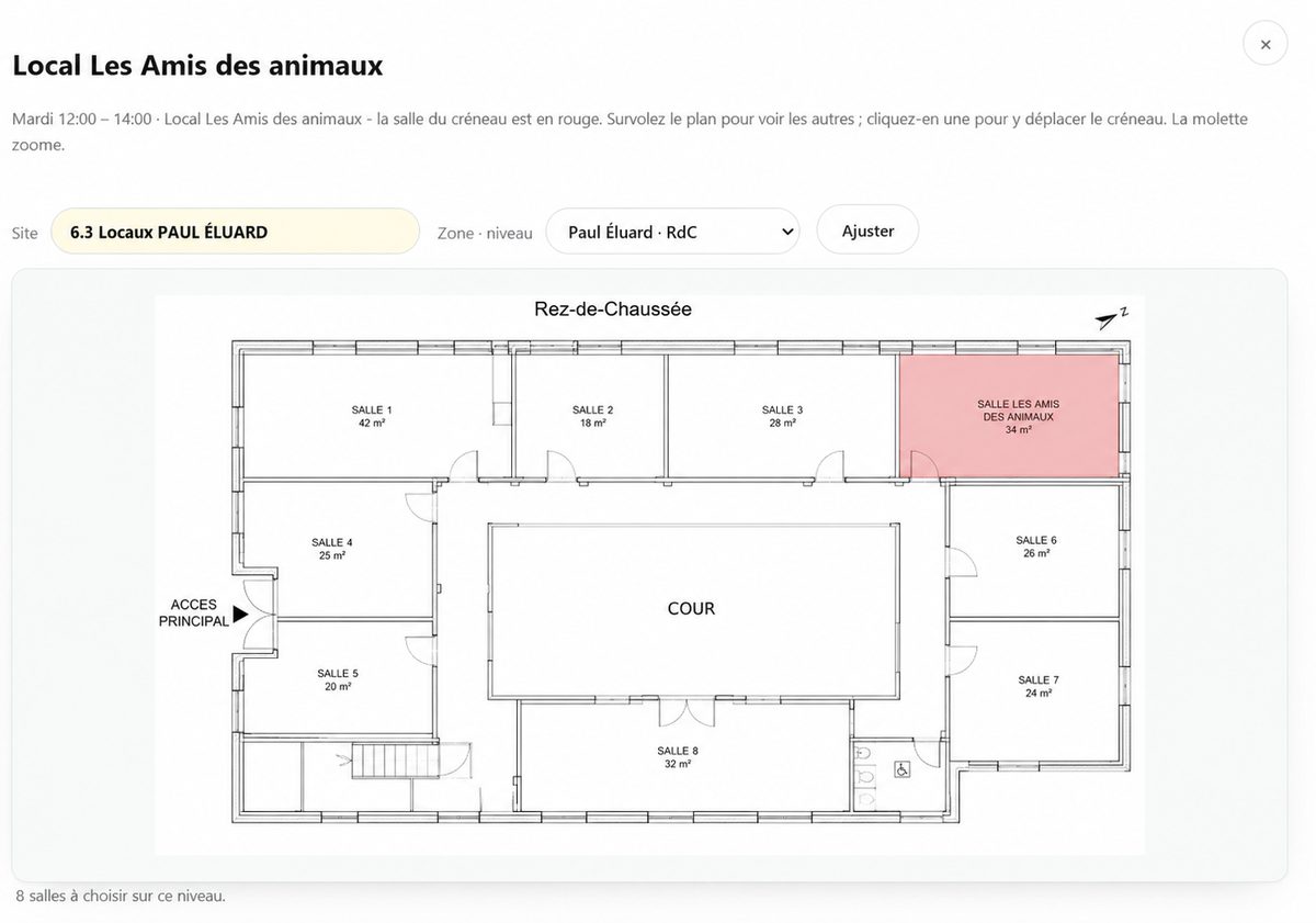 Le plan du rez-de-chaussée d’un local associatif, où la salle du créneau choisi s’allume en rouge.