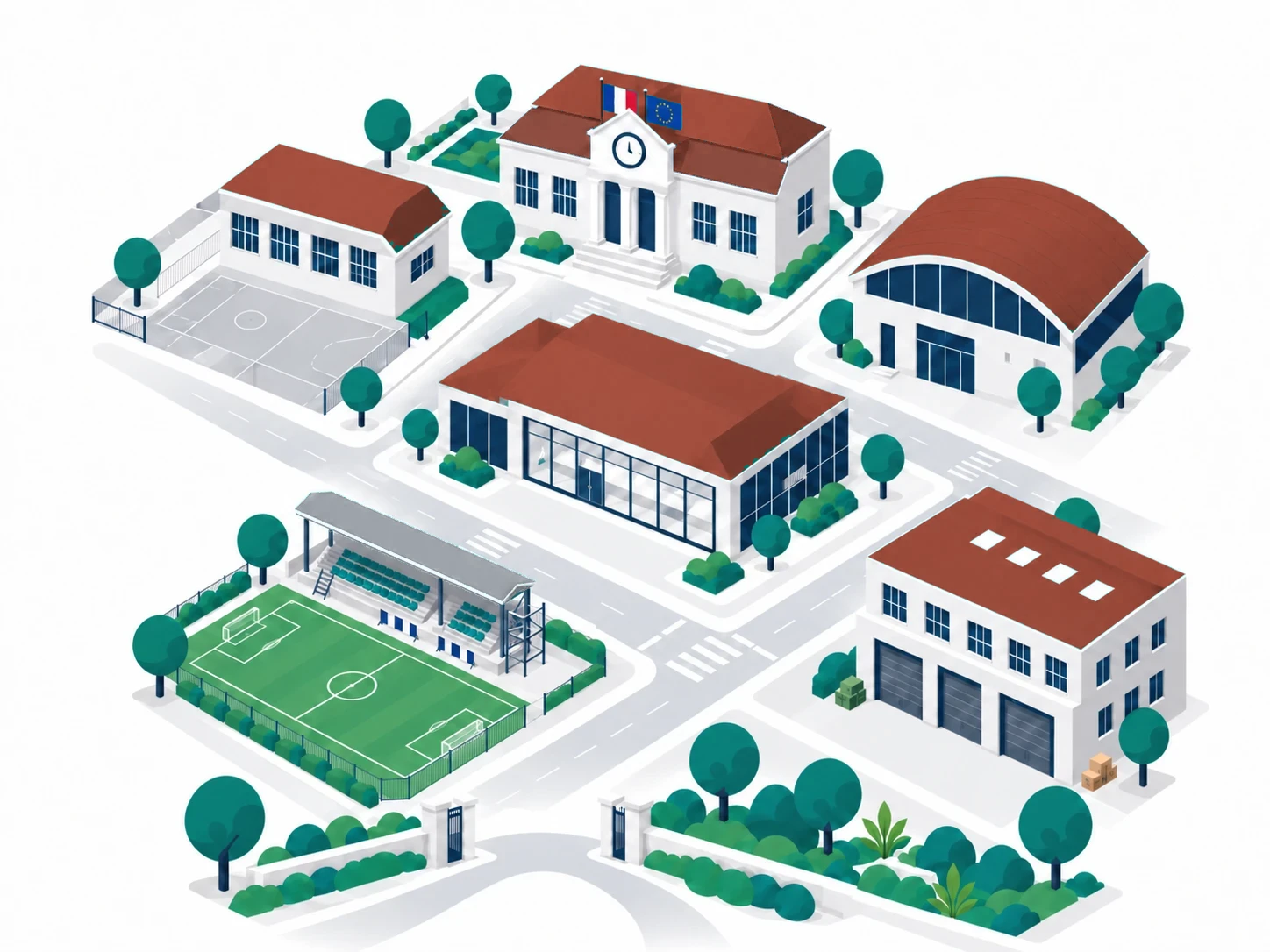 La commune de Villeneuve-en-Plaine : l’école et sa cour, la mairie, le gymnase, la maison des associations, le stade et sa tribune, les services techniques.