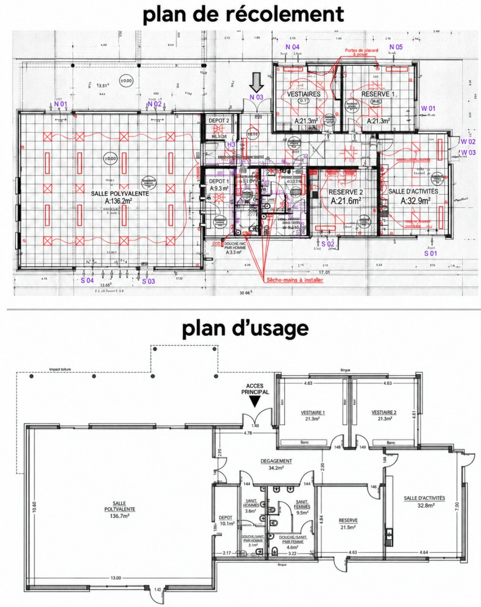 Deux plans du même bâtiment, l’un au-dessus de l’autre : en haut, le plan de récolement, chargé d’annotations de chantier ; en bas, le plan d’usage, simplifié, avec le nom, la surface et les cotes principales de chaque local.