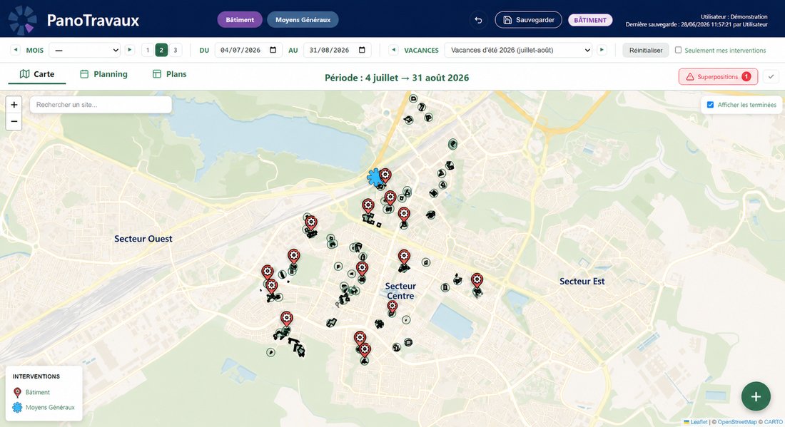 La carte de la ville dans PanoTravaux : chaque site concerné par une intervention sur la période porte une épingle, colorée selon le service qui intervient, bâtiment ou moyens généraux.