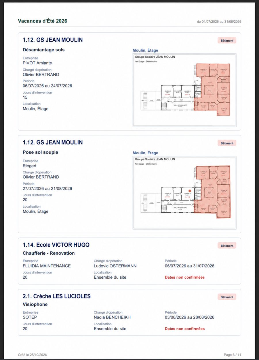 Une page des fiches du planning en PDF : pour chaque intervention, l’entreprise, le chargé du suivi, la période, la localisation et l’extrait du plan où elle est repérée.