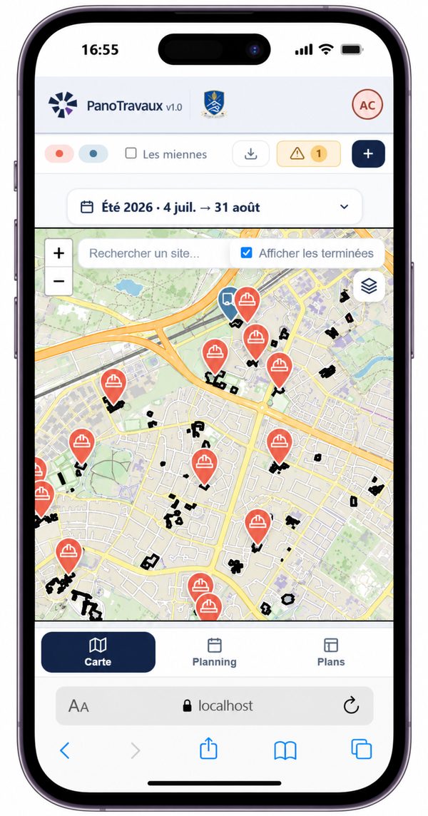 PanoTravaux sur un téléphone : la carte des interventions de l’été.
