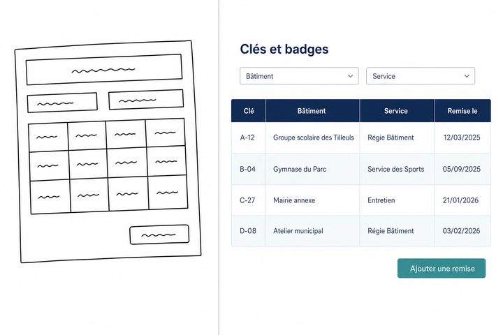 Deux panneaux côte à côte : à gauche le croquis d’un écran dessiné à la main, à droite l’application qui en découle, exemple d’un registre des clés et des badges avec ses filtres, son tableau et son bouton d’ajout.