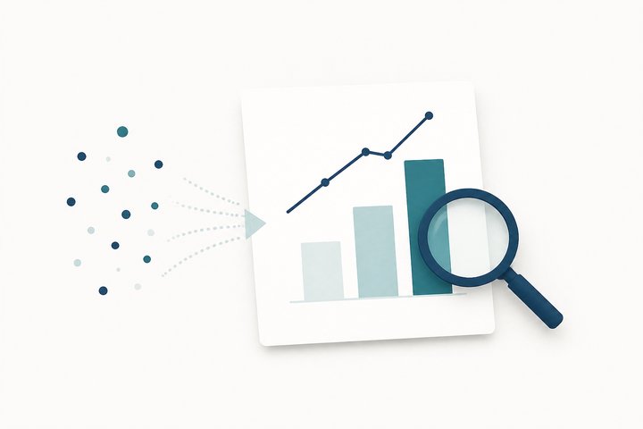 Des points de données épars convergent vers une fiche d’analyse : trois barres croissantes, une courbe qui monte, et une loupe posée dessus.