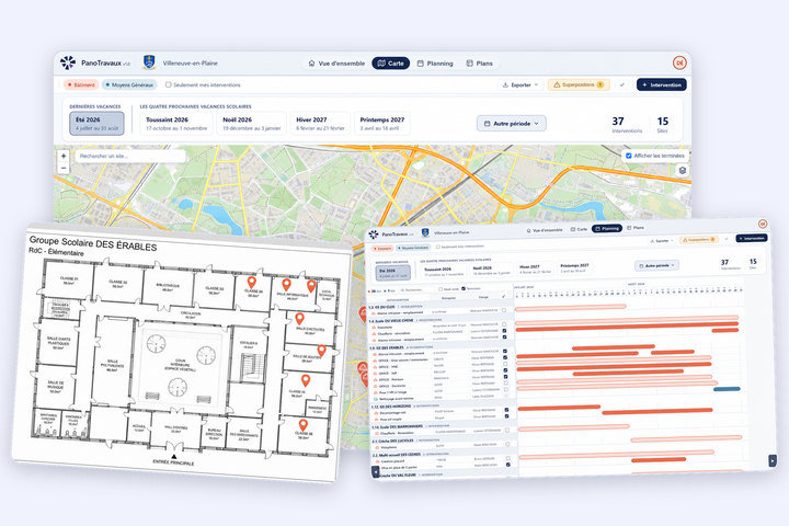 Trois fenêtres de PanoTravaux qui se recouvrent : la carte de la ville avec les sites en travaux, le plan d’un groupe scolaire où les interventions sont repérées par des épingles, et le planning de Gantt des interventions sur deux mois.