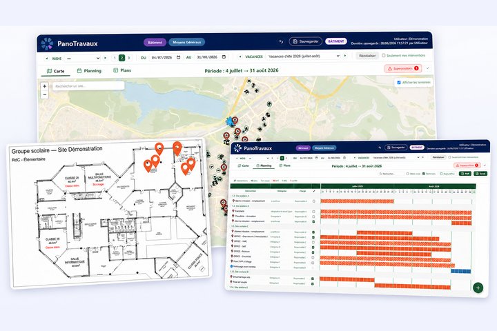 Trois fenêtres de PanoTravaux qui se recouvrent : la carte de la ville avec les sites en travaux, le plan d’un groupe scolaire où les interventions sont repérées par des épingles, et le planning de Gantt des interventions sur deux mois.
